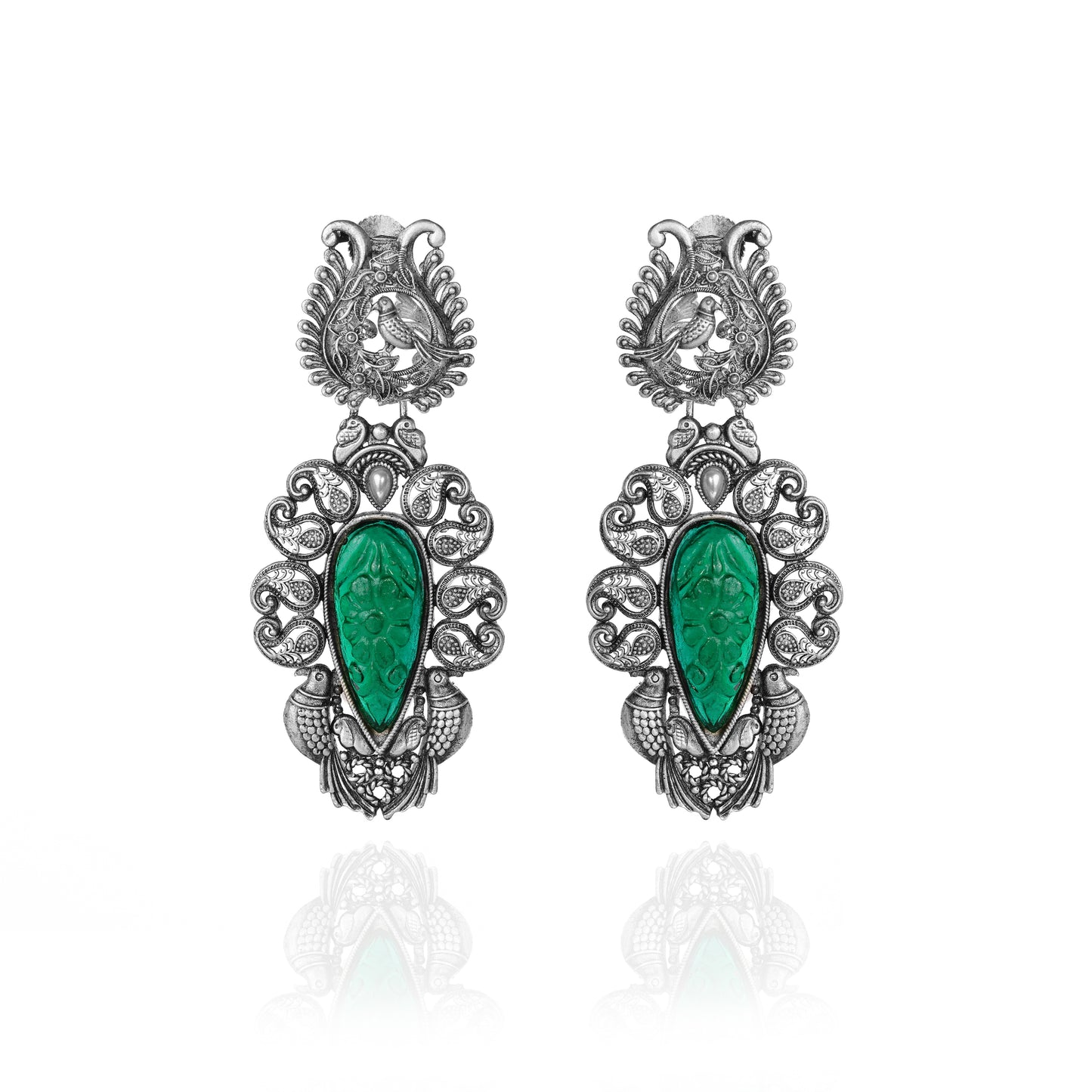 Silver Emerald Avian Statement Earrings