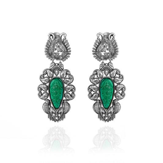 Silver Emerald Avian Statement Earrings