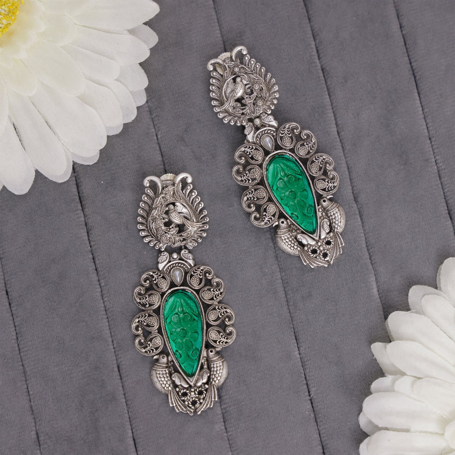 Silver Emerald Avian Statement Earrings