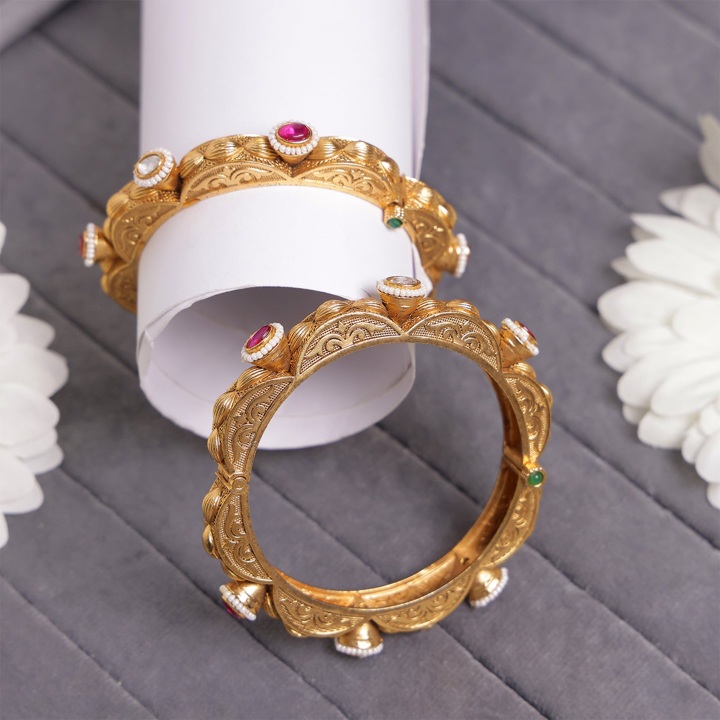 Diamond in Ruby & Kundan Pearl Beeds Bangles