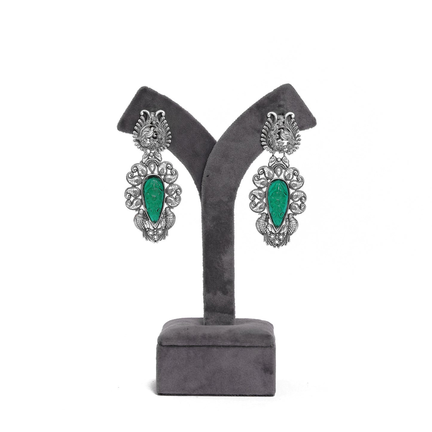 Silver Emerald Avian Statement Earrings