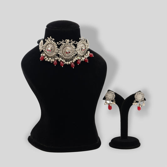 Regal Oxidised Silver Bead Choker Set