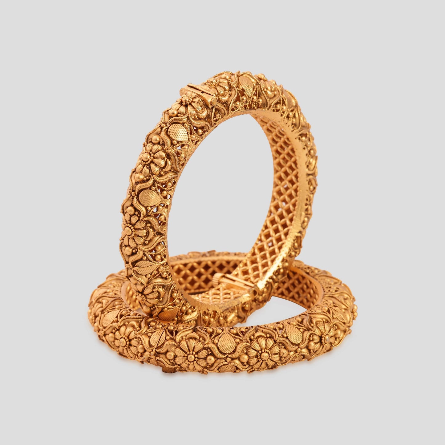 Floral Jali Kada Pair in Antique Gold