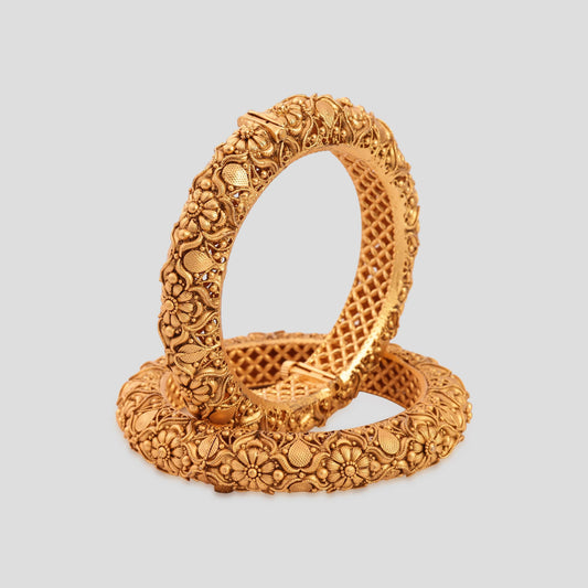 Floral Jali Kada Pair in Antique Gold