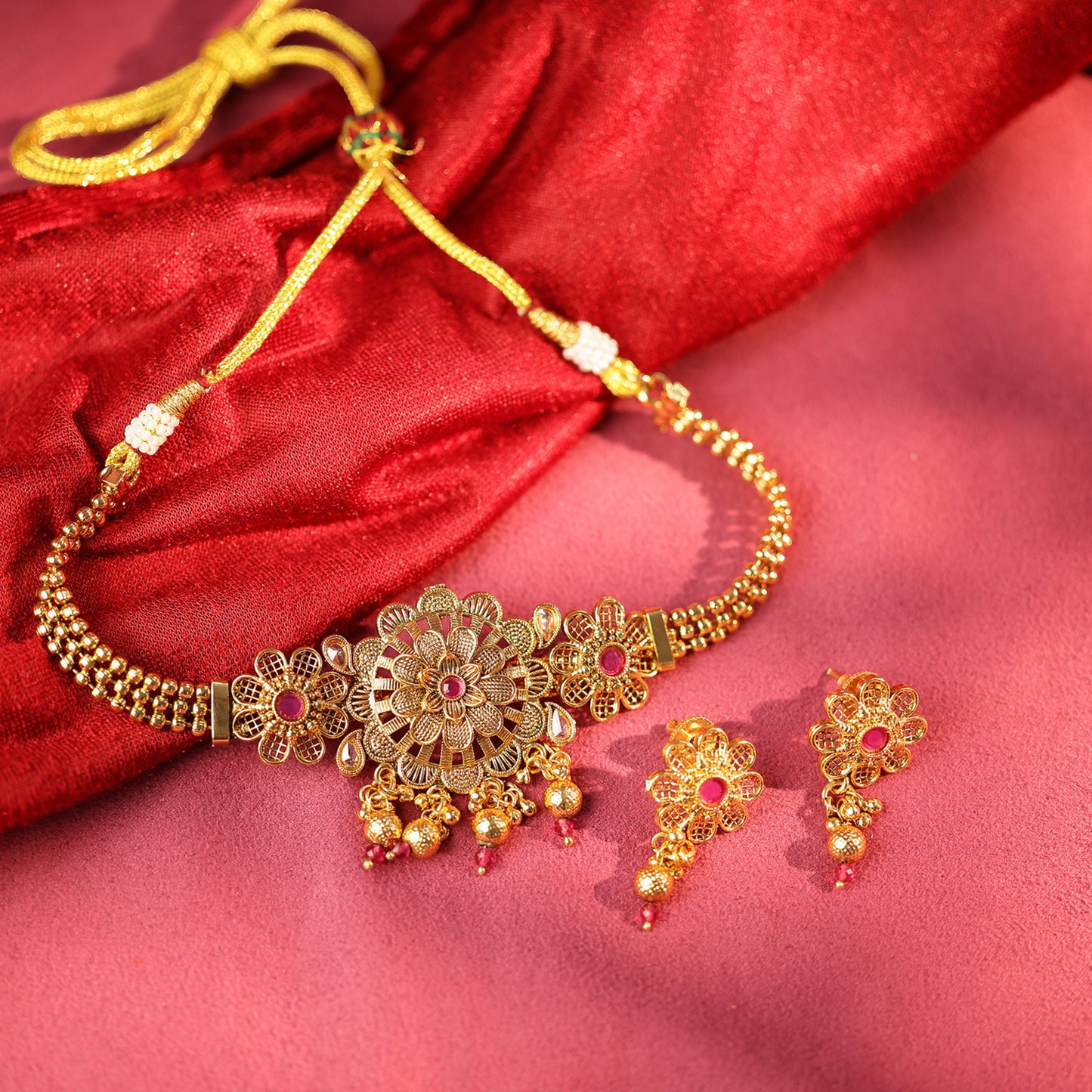 Bridal Bloom Choker in Dull Gold with Beads