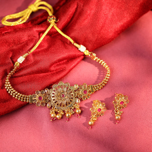 Bridal Bloom Choker in Dull Gold with Beads