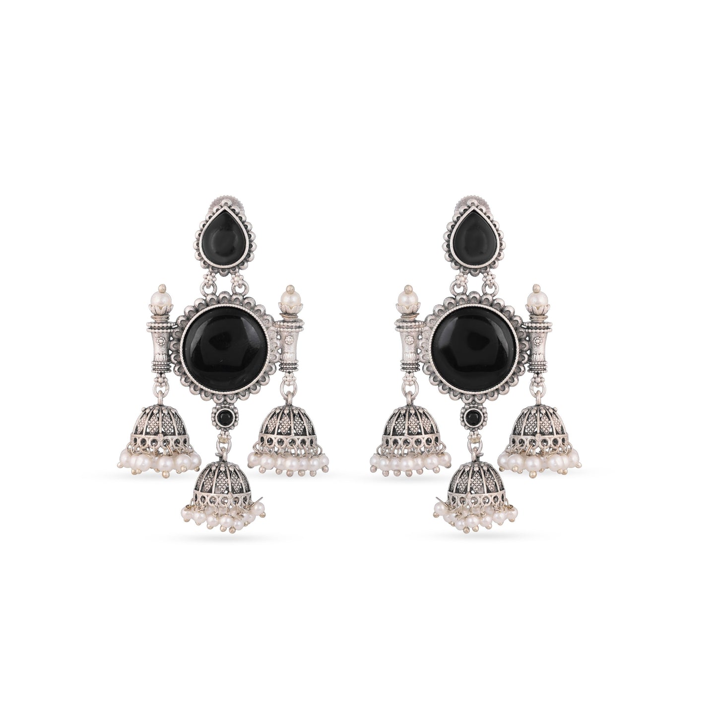 Oxidised Jhumki Trio Drop Earrings