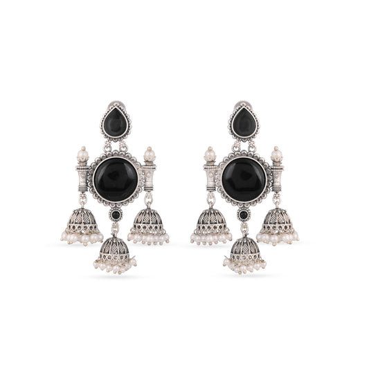 Oxidised Jhumki Trio Drop Earrings