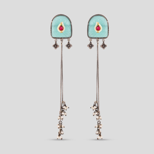 Silver Base Kashmiri Earrings with Mint Stone
