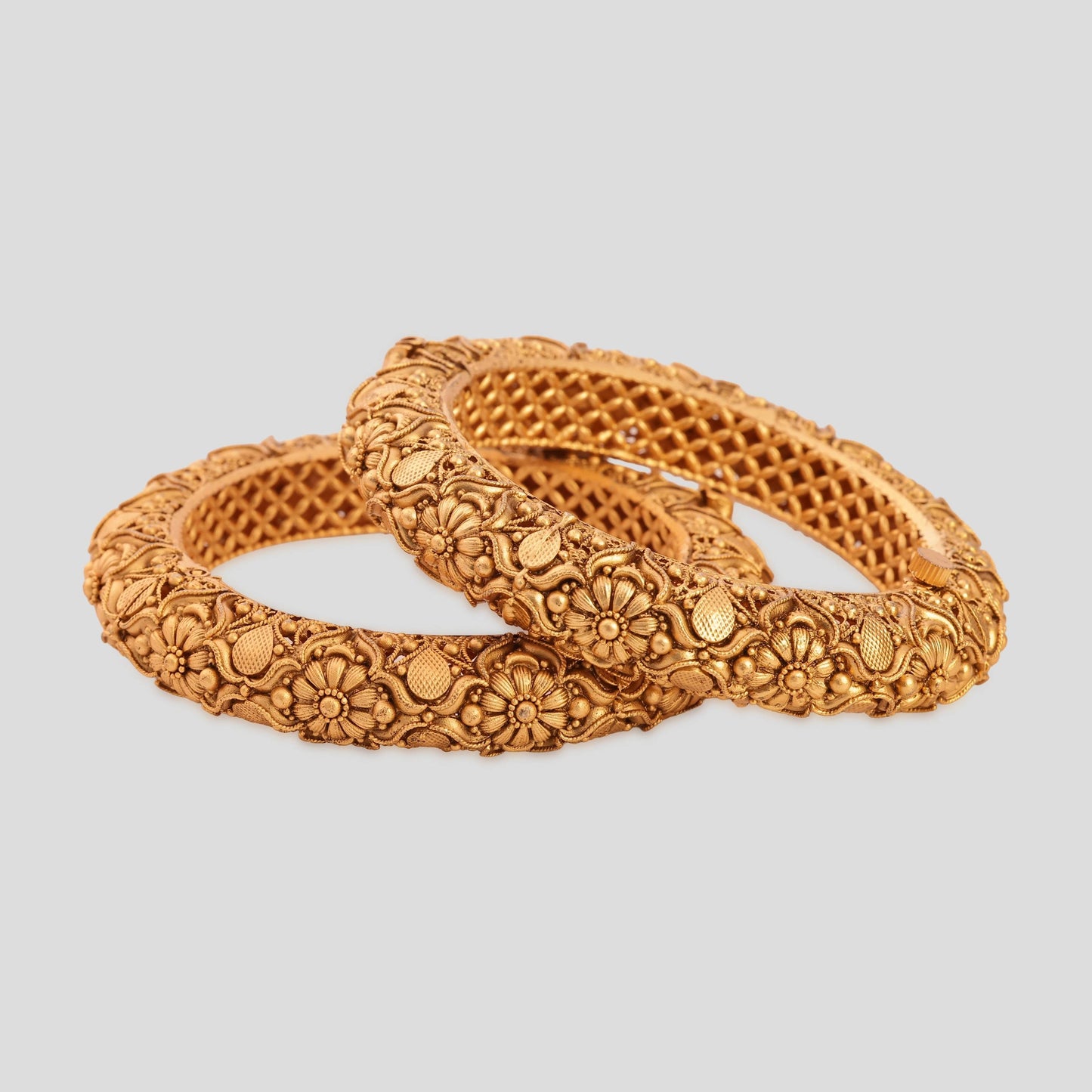 Floral Jali Kada Pair in Antique Gold