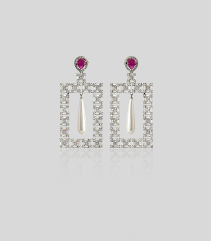 Crimson Frame Pearl Descent Earrings